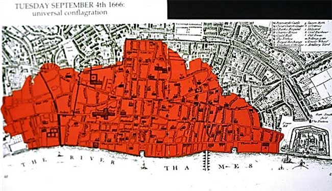 Plan showing extent of fire on Tuesday, with most of the ancient City ablaze (C. Harrison)