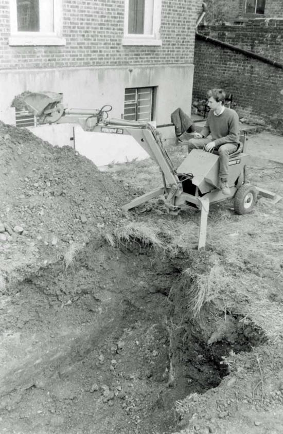 Carefree Hedley Swain and his micro-excavator at Rectory Grove, Clapham in 1980. Spot the potential hazards and health and safety concerns: answers on a postcard to the Health and Safety Executive (HSE) marked ‘In my defence, it was 1980!’