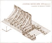 Isometric drawing of 14th-century riverfront revetment,  drawn by T Tatton Brown
