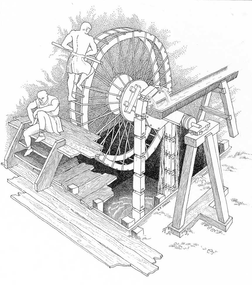Detailed drawing by Robert Spain of externally driven treadwheel in operation at the Cheapside Roman baths. The hollowed-out oak water-boxes (with side entry/exit port) are identical to the bucket chains found at Gresham Street and Arthur Street 