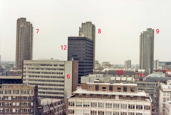 6 - One London Wall, demolished in 2003.  (MoLAS offices were based here from 1991 - 98 during the reign of Peter Chowne) - Photo 5 (looking north) 7 - Lauderdale Tower, Barbican 8 - Shakespeare Tower, Barbican 9 - Cromwell Tower, Barbican 10 - Frobisher Crescent, Barbican 11 - St Giles Without Cripplegate 12 - Bastion House, 140 London Wall.  Built over the east side of the Museum of London