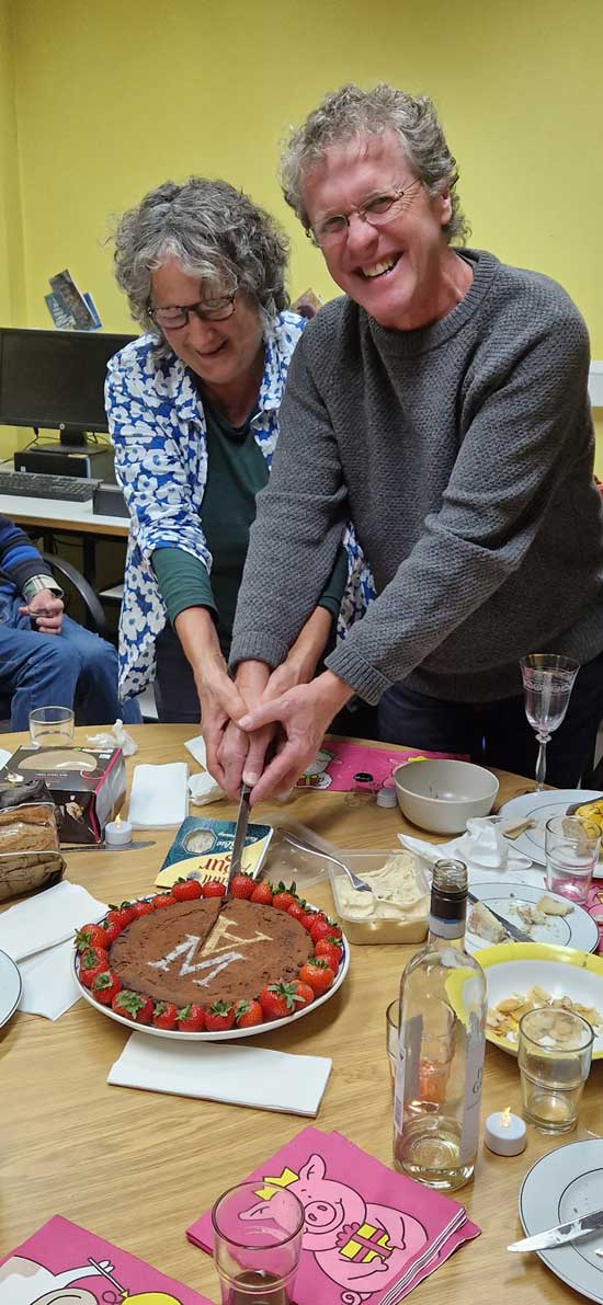 Andy and Maggie cutting the fantastic cake made by Faith Vardy from the drawing office. Containing 74 bars of dark chocolate several kilos of butter and 30 eggs, it was carefully rationed to the attendees to lessen the risk of us going into anaphylactic shock