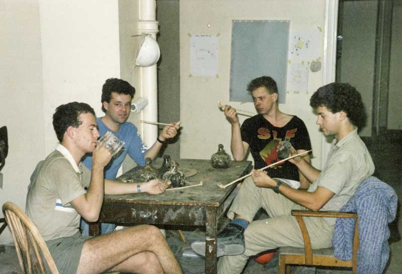 Eagle House, 86–96 Cannon Street, EC4 Back in the day, when smoking and drinking were permitted! From L to R: Dominic (a student from Stuttgart); [can't remember who it is behind Dom - any ideas?]; Martin Watts; Mark Hinman.  The 18th-century finds were from a rather nice post-med well (see photo 8) which we reckoned had been backfilled with stuff from the clearance of an inn! 
