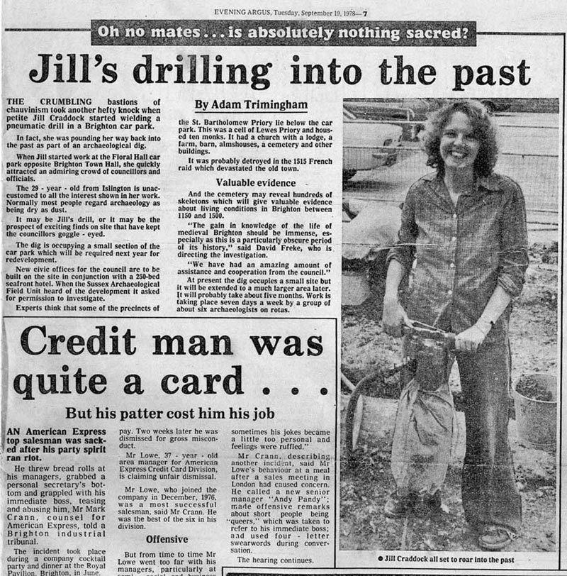 The Brighton Evening Argus of September 19th 1978, with their take on a ‘petite’ woman using a pneumatic drill in front of admiring   ‘Goggle-Eyed’ councillors