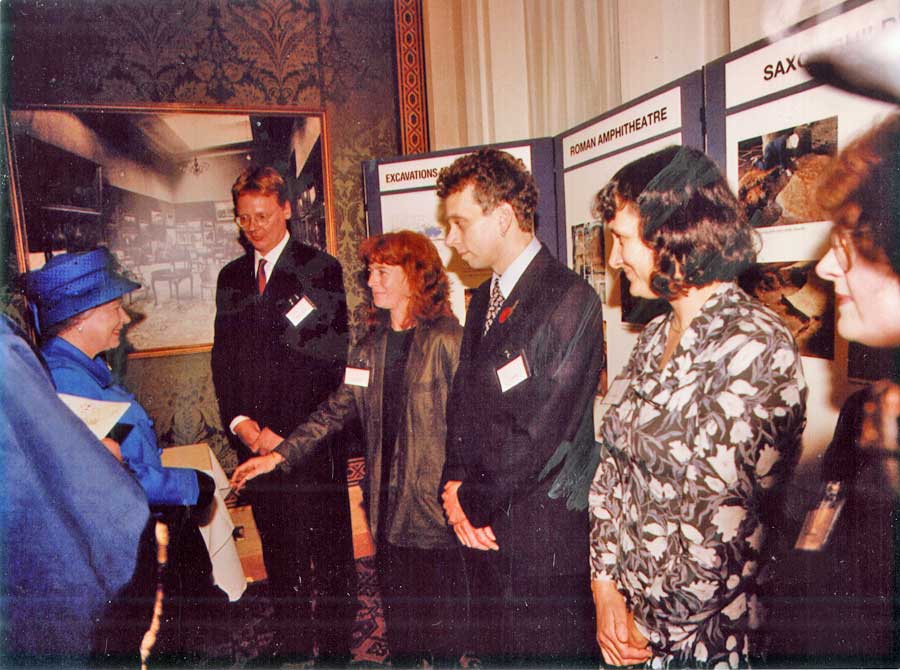 The Queen being introduced to Archaeologists at the opening of the Guildhall Art Gallery