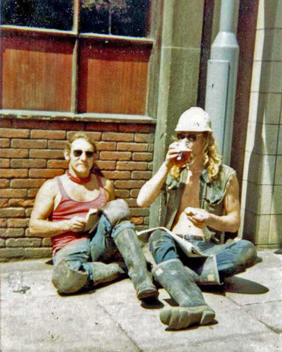 Prince Chitwood and Nick Bateman sharing a lunchtime beer outside the Britannia pub in Fish Street Hill in 1981