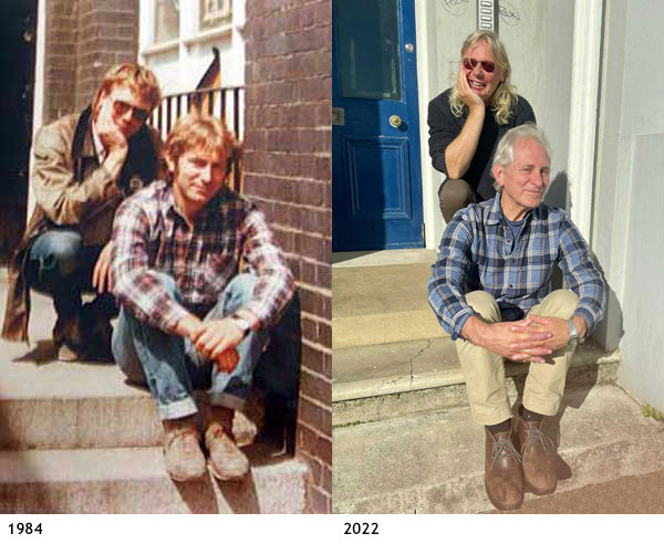 Nick Bateman and Gustav Milne at Bridge House in 1984 and the same pose in 2022