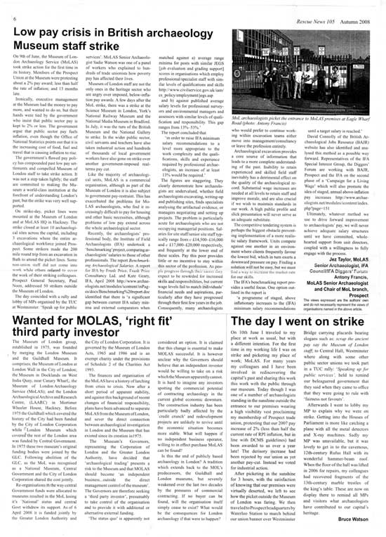 Rescue News article detailing the combined MoLAS and Museum of London strike held on 9 June 2008